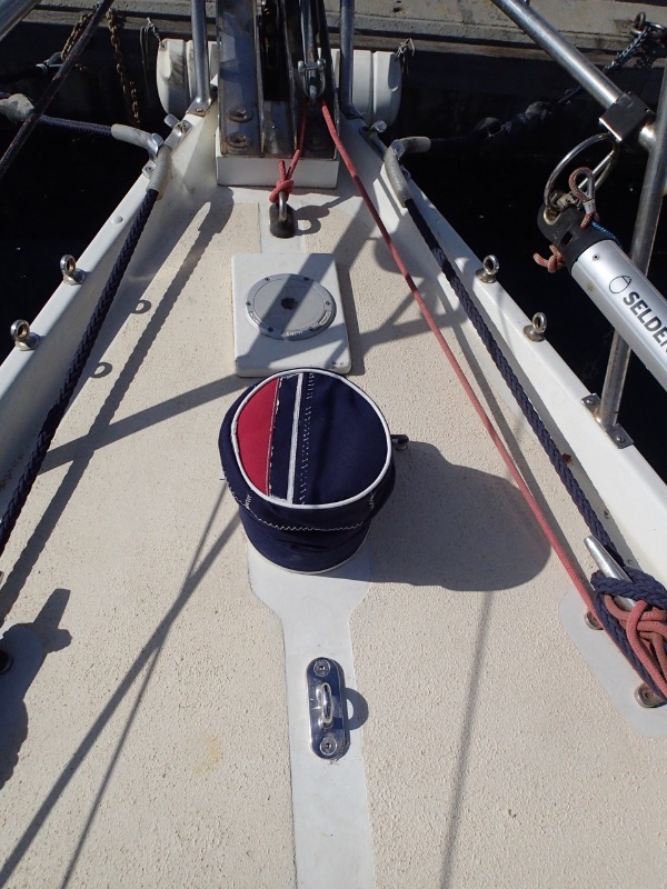 The inner forestay pad-eye on deck, bolted through to...